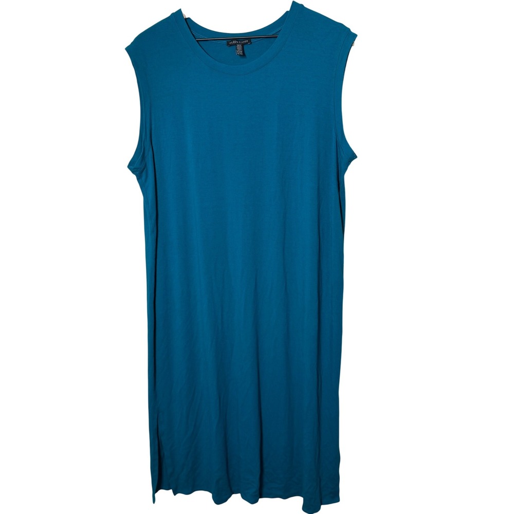 Eileen Fisher‎ Teal Blue Sleeveless Knit Tank Dress Stretch Shirt Dress